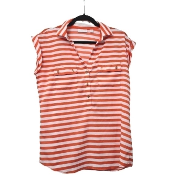 New York & Company Orange Coral White Striped Short Cap Sleeve V Neck Blouse - Picture 2 of 9